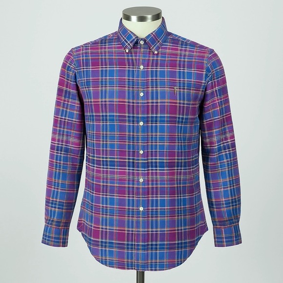 Ralph Lauren Classic Fit Button Down Shirt Pink Blue Plaid Cotton Mens Size M - Picture 1 of 8